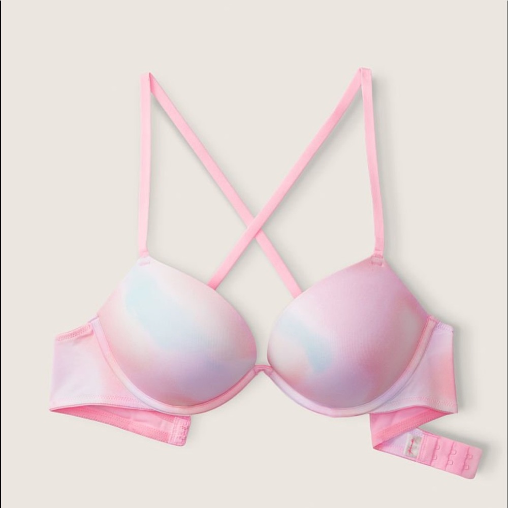 VS PINK 38C Coconut White Blur Logo WEAR EVERYWHERE SUPER PUSH-UP BRA